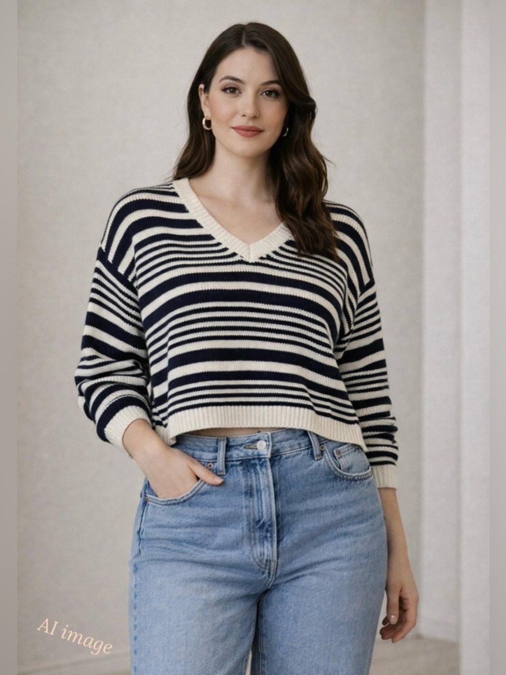 Vintage 90s Navy Cream Striped Cropped Sweater Coastal Preppy Knit L USA